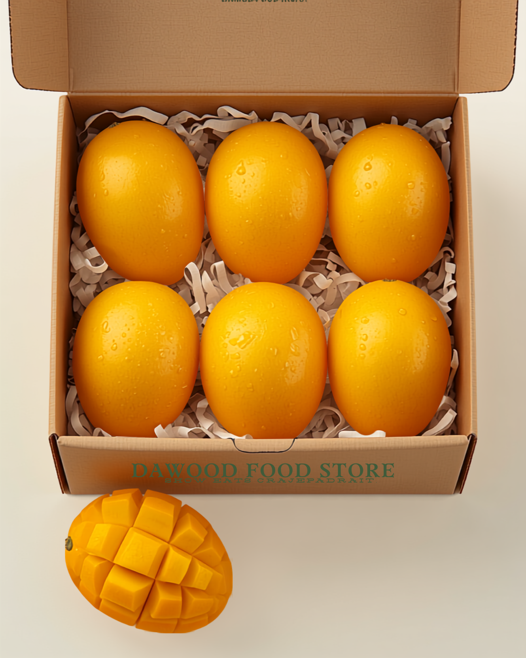 Premium Chaunsa mangoes packed in a Dawood Organics gift box